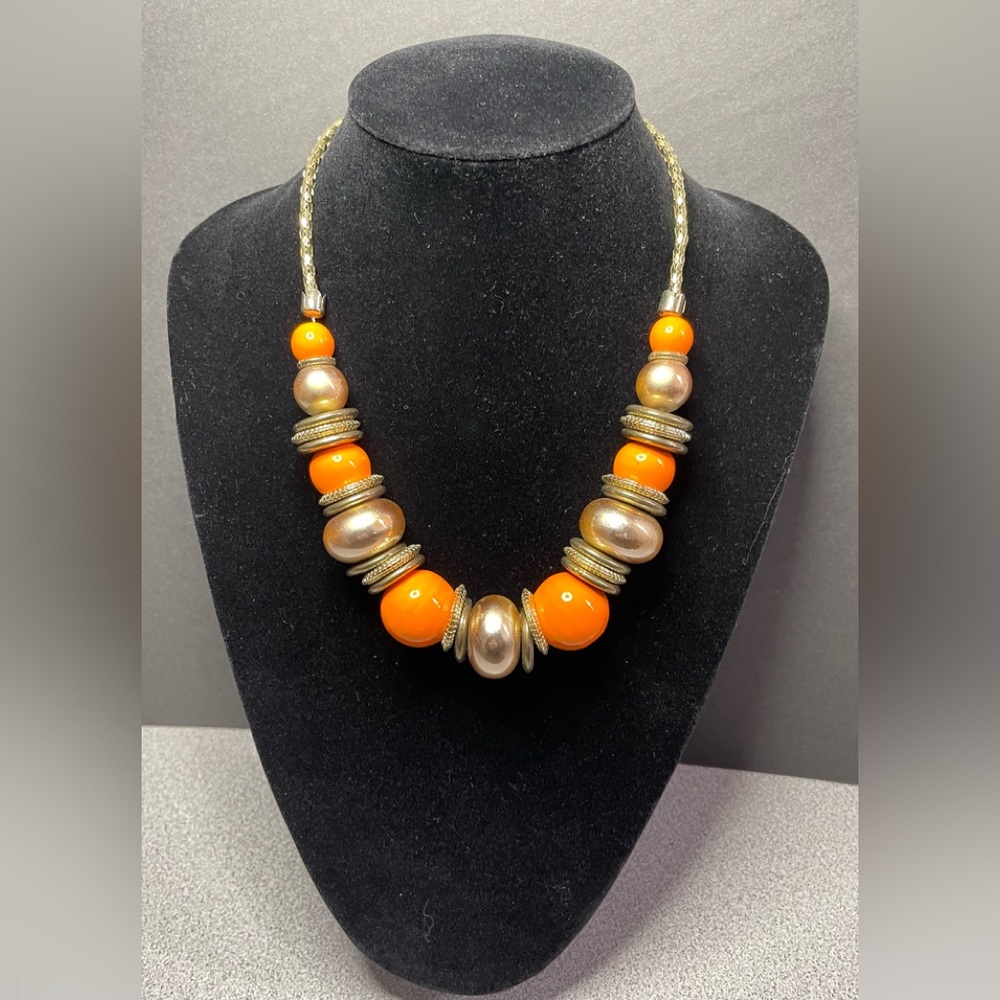 Orange & Gold Toned Large Beaded Necklace
